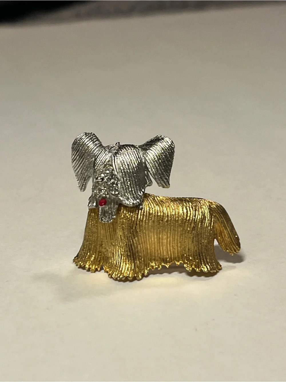 VTG Puppy Dog Brooch, Gold- & Silver-Toned, 6 Rhinestones & Red Enamel Tongue
