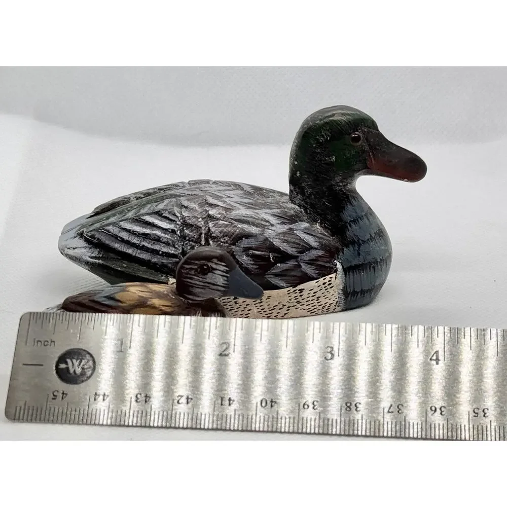 Vintage Carved Duck Pair Figurines – Stone Paperweight Duck and Wooden Mini Duck