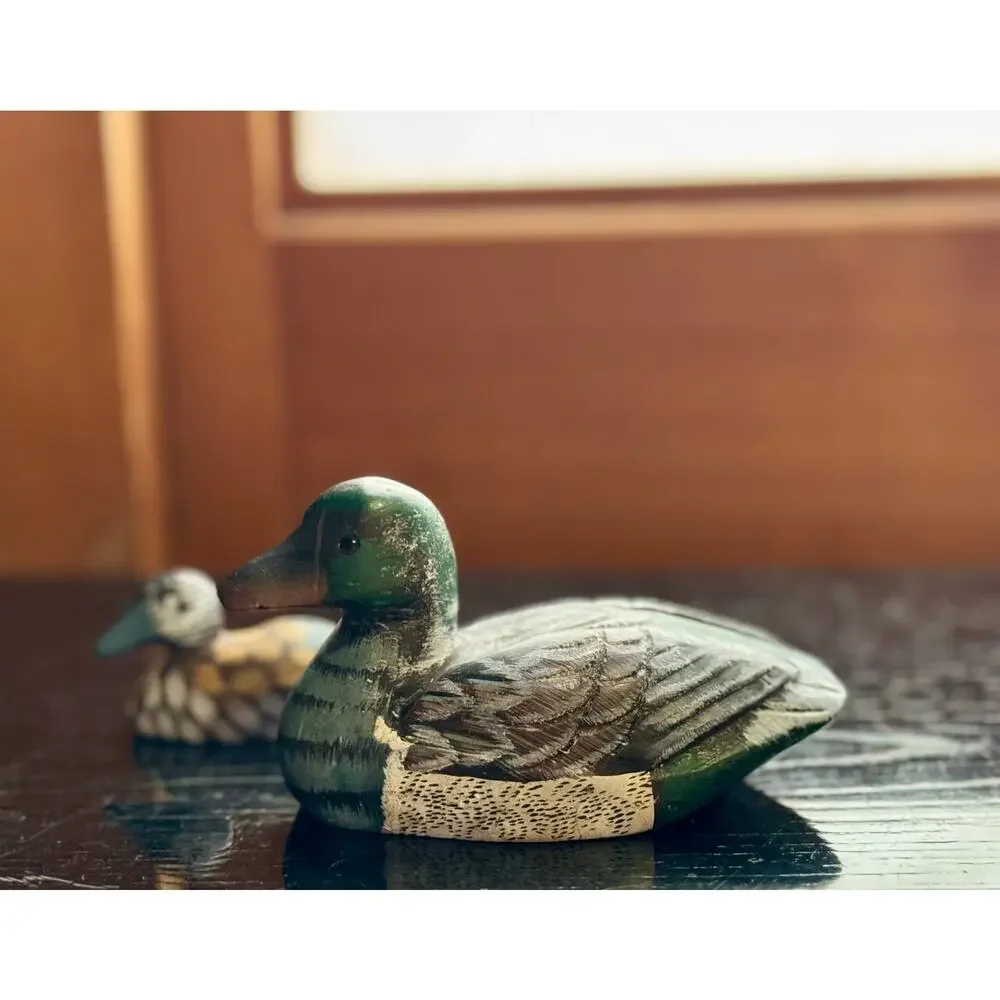 Vintage Carved Duck Pair Figurines – Stone Paperweight Duck and Wooden Mini Duck