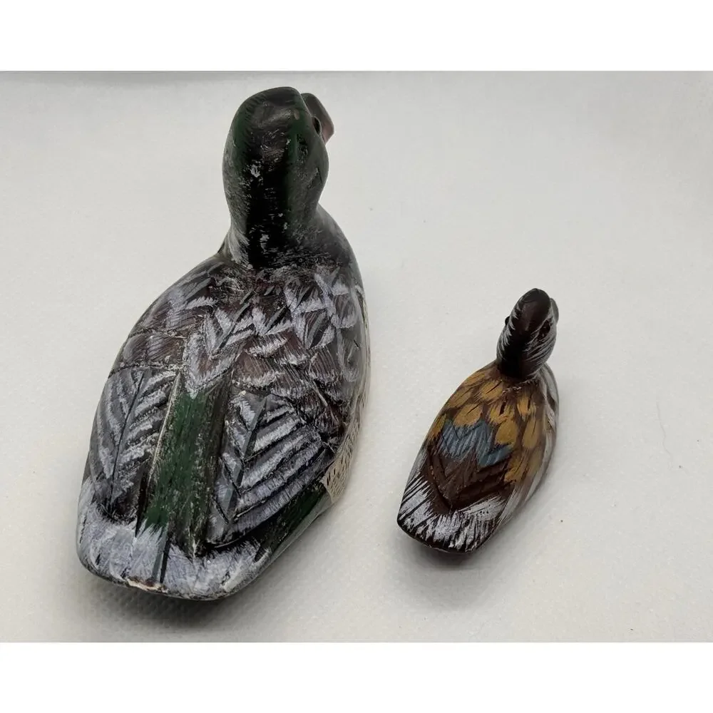 Vintage Carved Duck Pair Figurines – Stone Paperweight Duck and Wooden Mini Duck