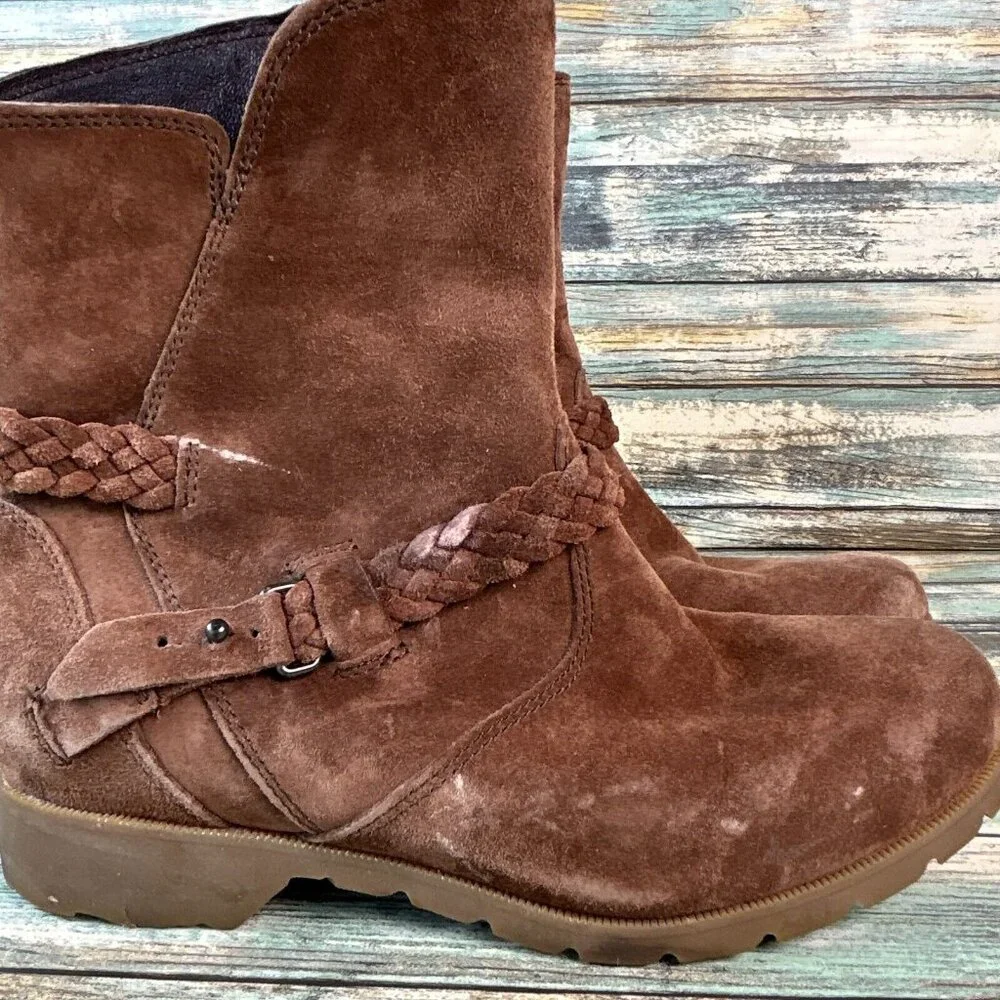 TEVA Delavina Ankle Boots Womens Size 6.5M Brown Suede Zip Up Low Block Heel