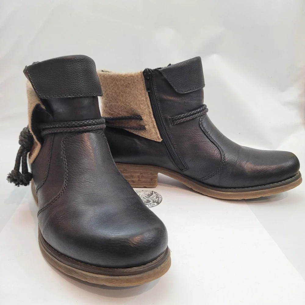 Rieker Ankle Boots Womens 9.5 Black Leather Wool Trim Side Zip 79693-00