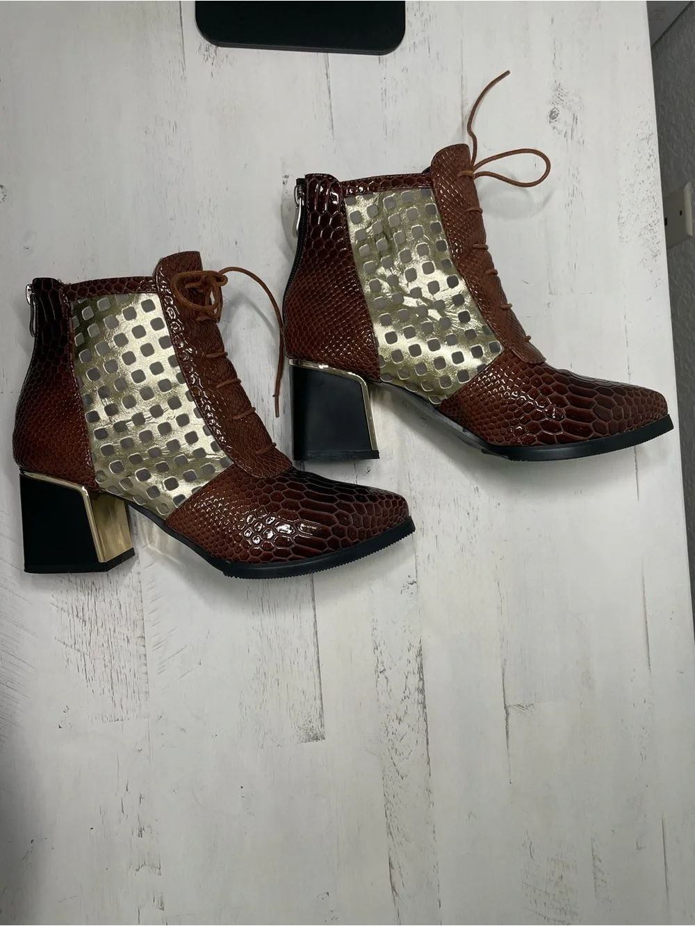 Joeusty Brown Snakeskin Print Lace-Up Cutout Ankle Boots | EU 40 / US 9
