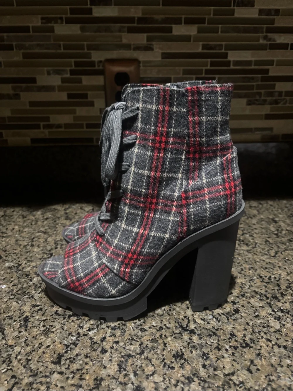 Jessica Simpson Plaid Lace-Up Chunky Heel Ankle Boots - Red & Gray