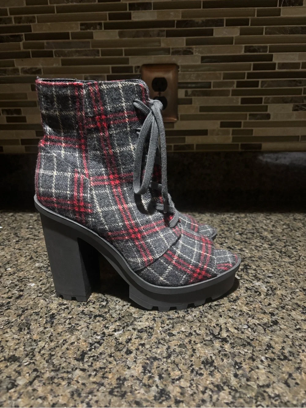 Jessica Simpson Plaid Lace-Up Chunky Heel Ankle Boots - Red & Gray