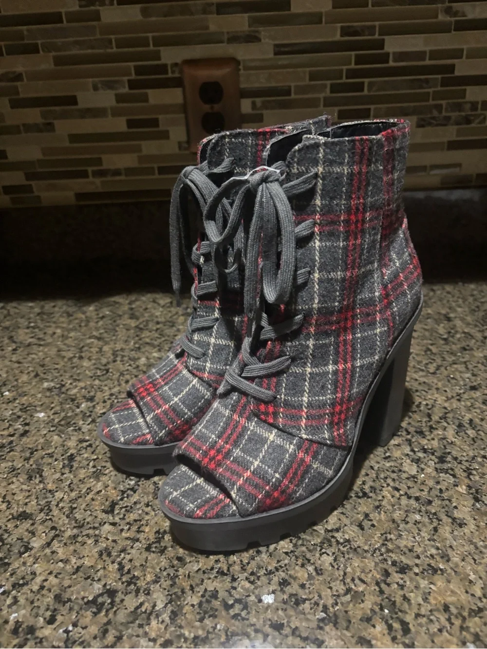Jessica Simpson Plaid Lace-Up Chunky Heel Ankle Boots - Red & Gray