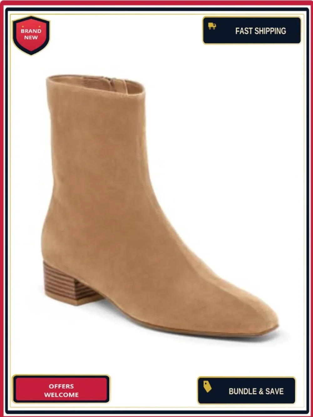 Faux Leather & Suede Ankle Boots, Square Toe, Chunky Low Heel, Side Zipper