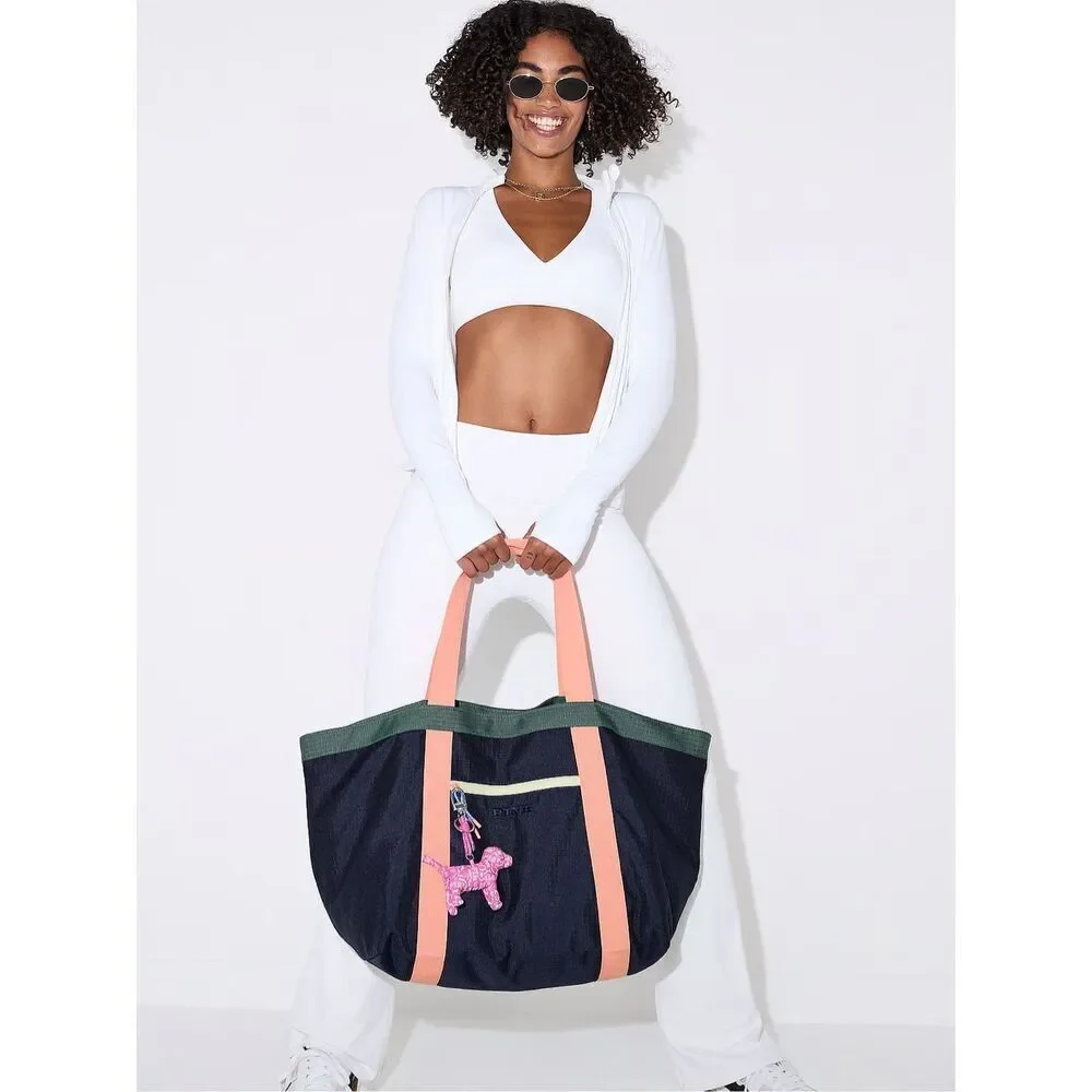 NWT Victoria’s Secret PINK Weekender Canvas Travel Beach Navy Coral Tote Bag