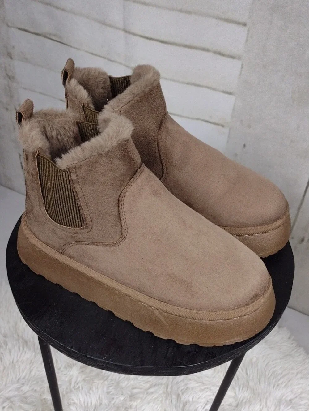 Chunky Faux Suede Fleece-Lined Chelsea Booties — Taupe