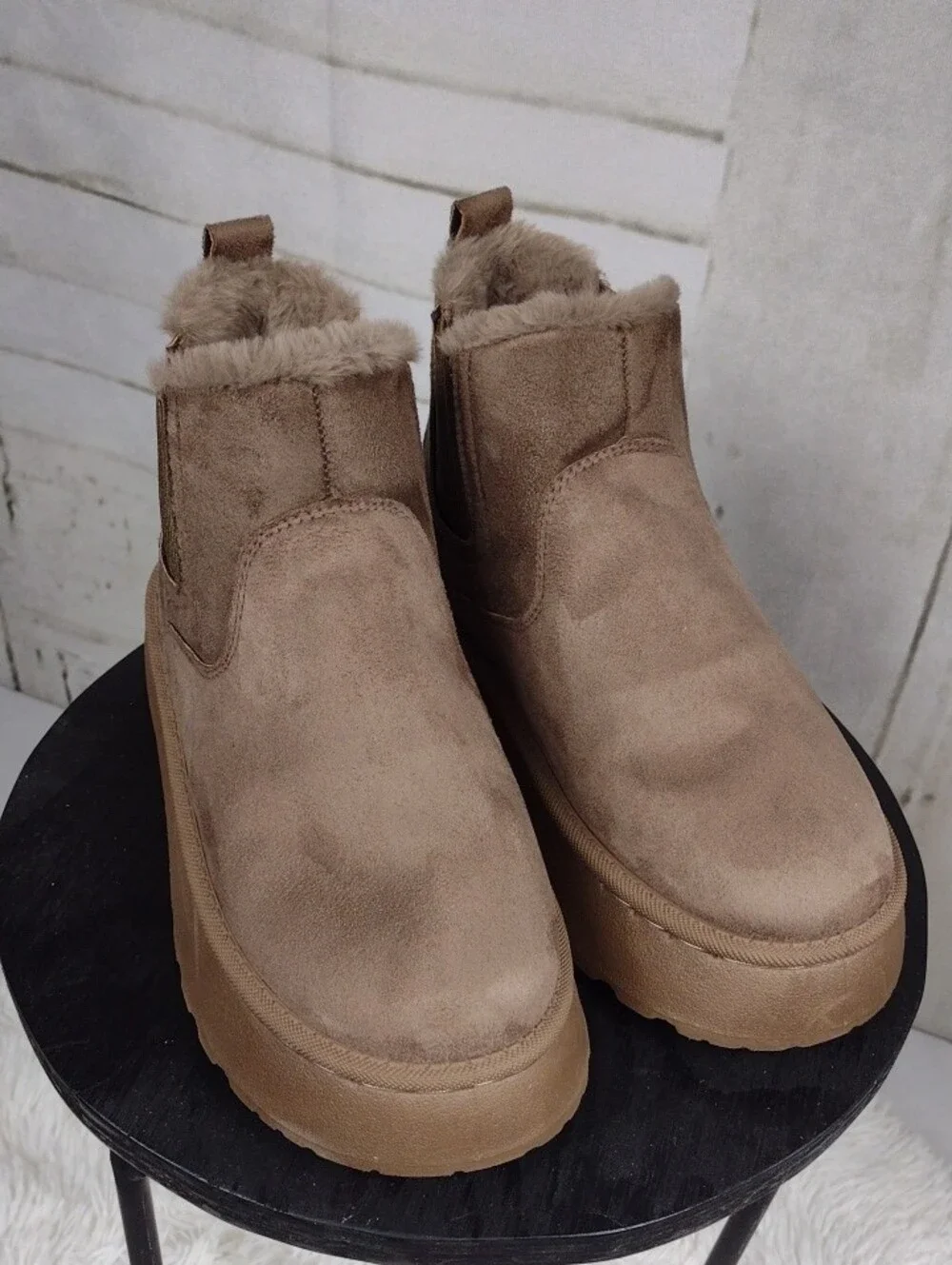 Chunky Faux Suede Fleece-Lined Chelsea Booties — Taupe