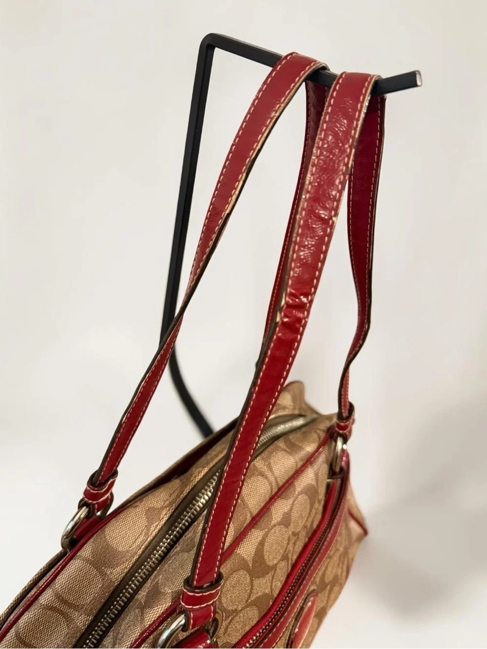 COACH Peyton Signature Satchel Khaki Burgundy Canvas Leather Shoulder Bag F18918