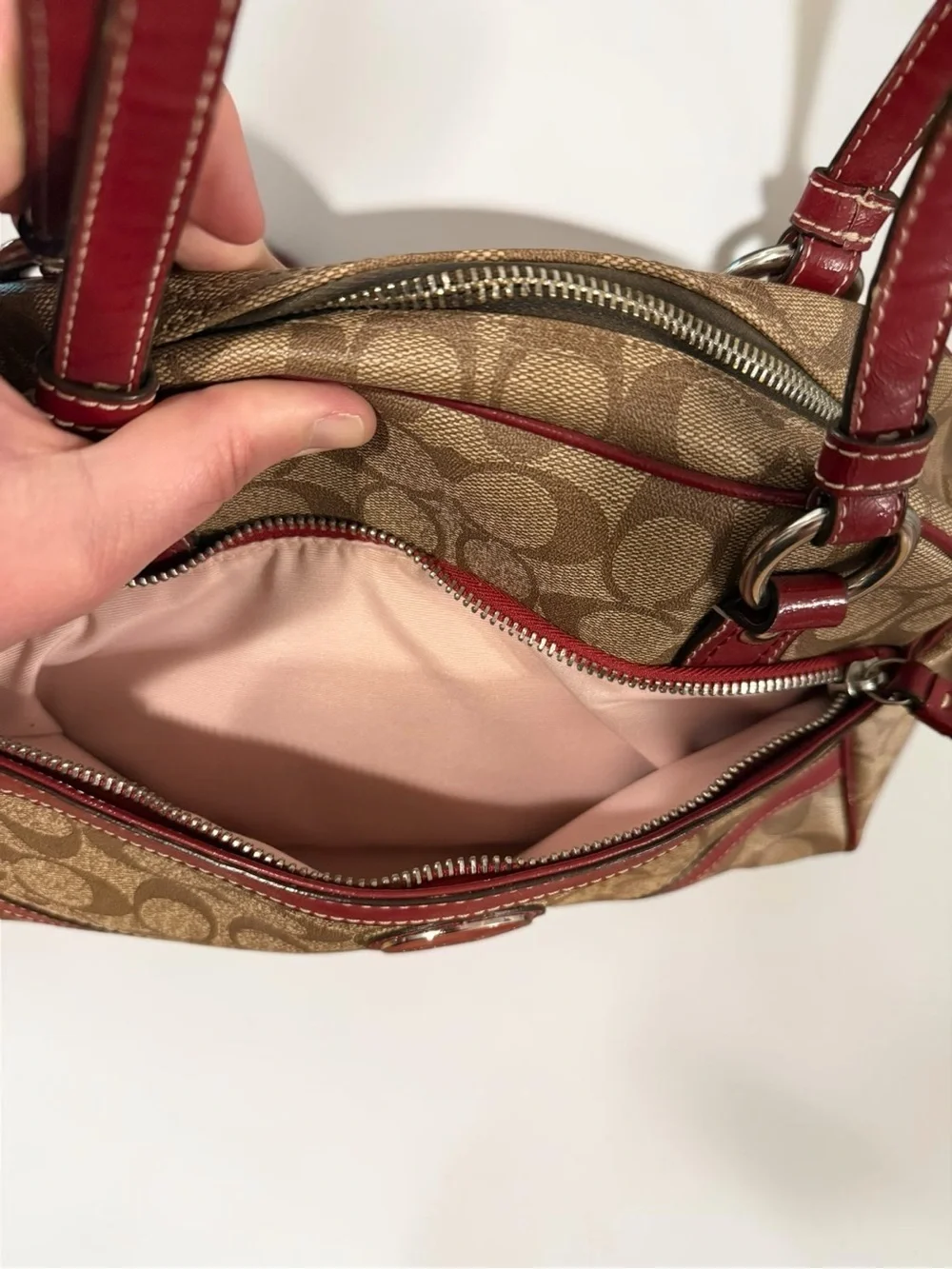 COACH Peyton Signature Satchel Khaki Burgundy Canvas Leather Shoulder Bag F18918