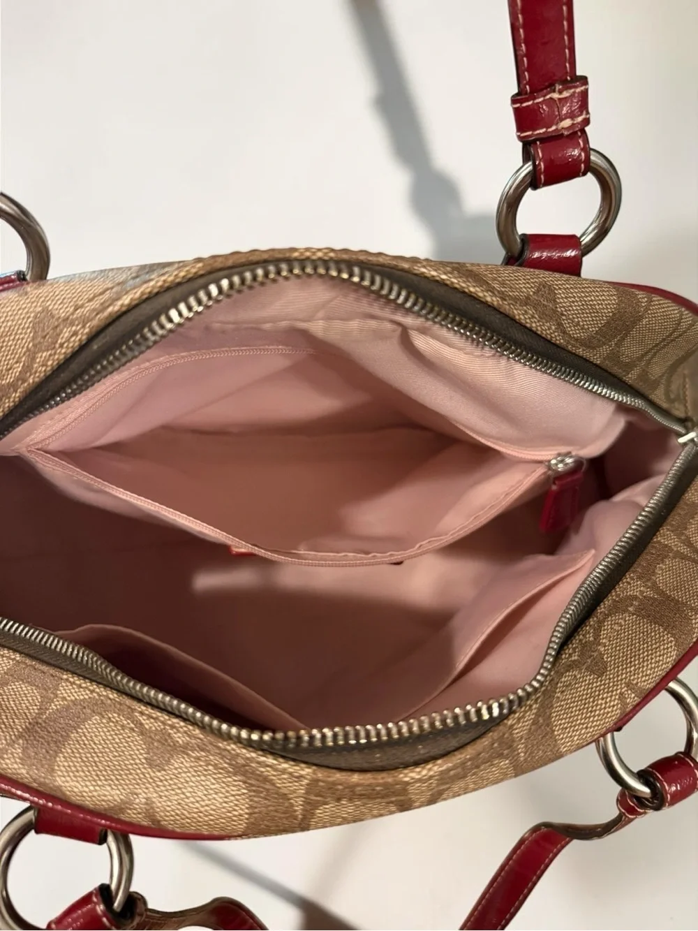 COACH Peyton Signature Satchel Khaki Burgundy Canvas Leather Shoulder Bag F18918