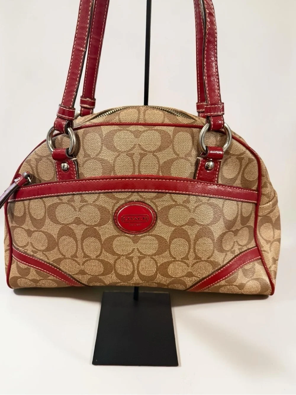 COACH Peyton Signature Satchel Khaki Burgundy Canvas Leather Shoulder Bag F18918