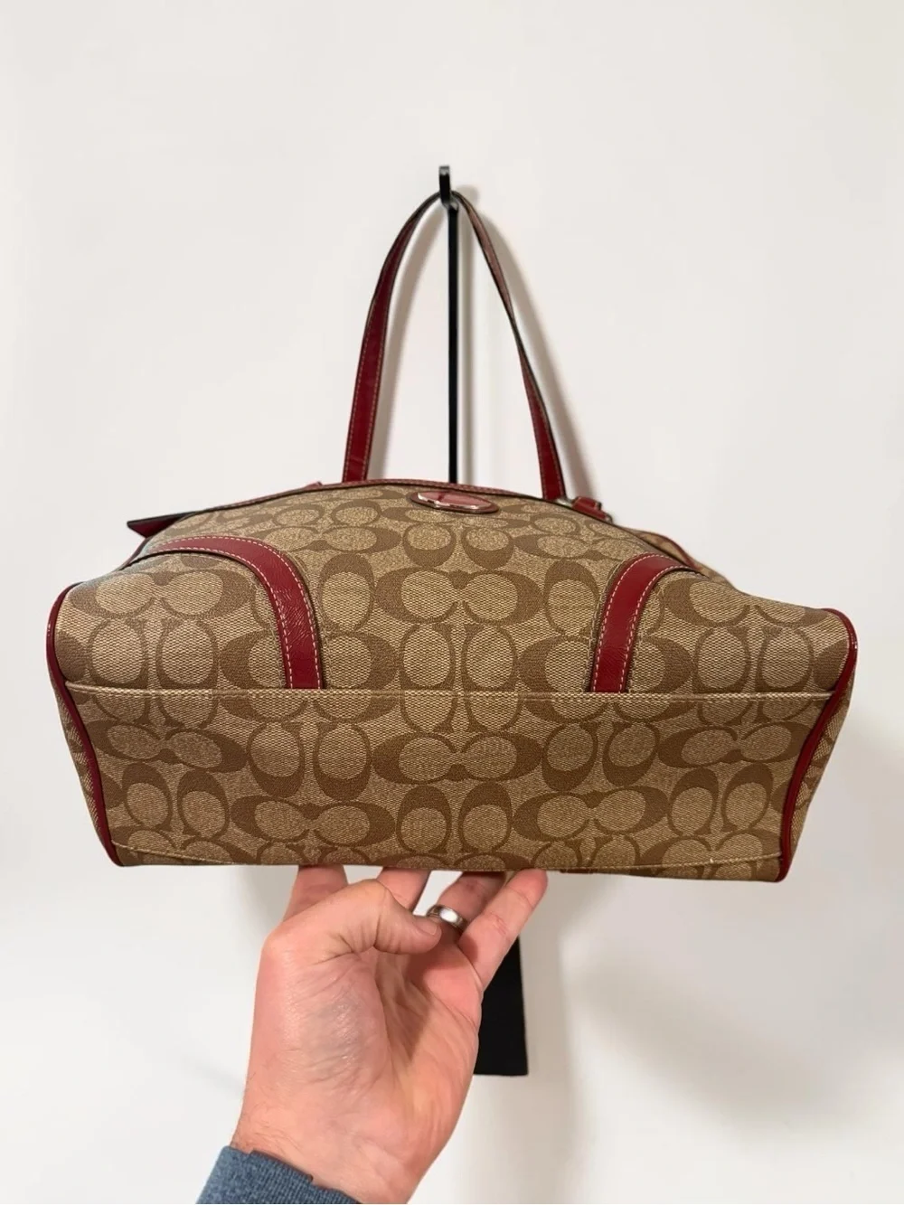 COACH Peyton Signature Satchel Khaki Burgundy Canvas Leather Shoulder Bag F18918