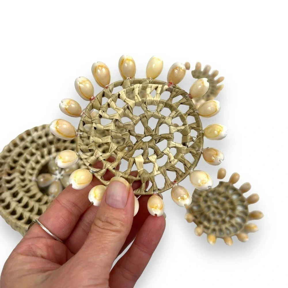 Vintage Handmade Cowrie Seashell Art Wicker Coasters & Box From The Phillipines