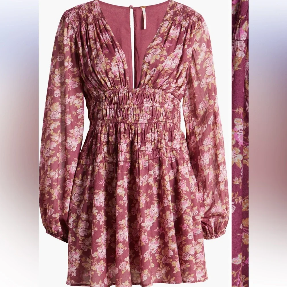 Free People Maive Long Sleeve Mauve ORANGE Floral Mini Dress Ruching NEW
