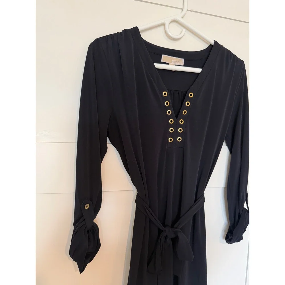 Michael Kors Black Grommet Dress Jersey Knit Tie Waist Professional Chic S