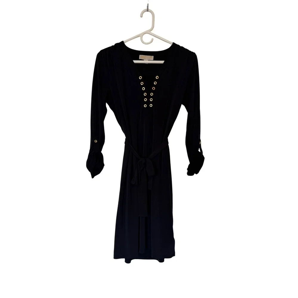 Michael Kors Black Grommet Dress Jersey Knit Tie Waist Professional Chic S