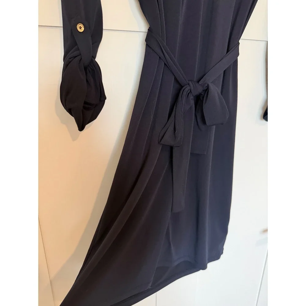 Michael Kors Black Grommet Dress Jersey Knit Tie Waist Professional Chic S