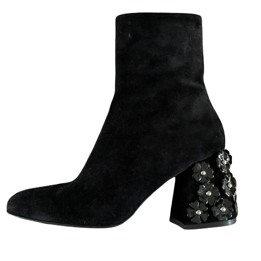Jeannot Womens Black Suede Block Heels 3D Flowers On Heel Italy US 5.5-6 EUR 36.