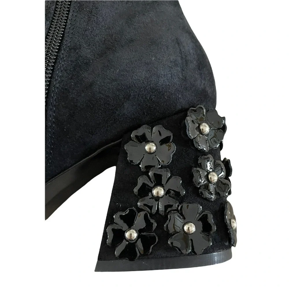 Jeannot Womens Black Suede Block Heels 3D Flowers On Heel Italy US 5.5-6 EUR 36.