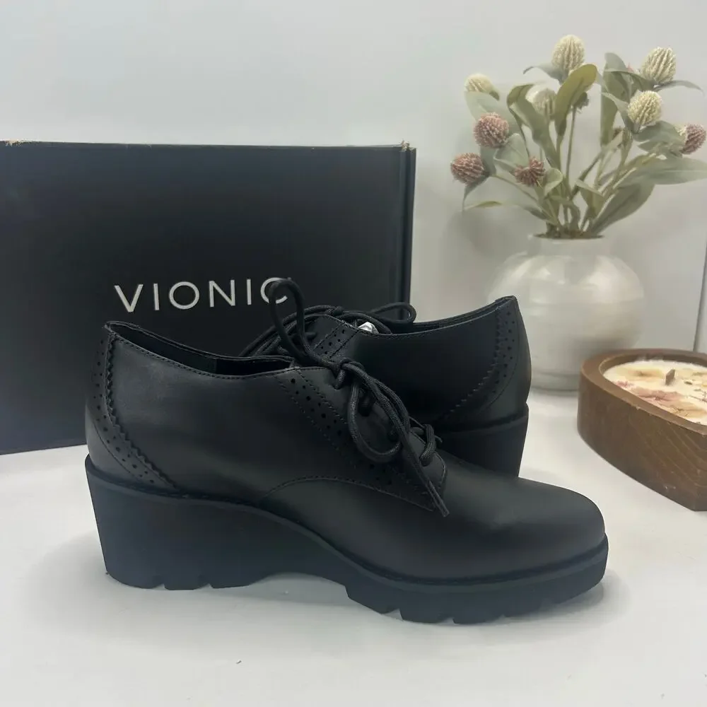 Vionic Anaheim Leather Lace Up Chunky Wedge Derby Loafer Black Women's 6.5M NWB