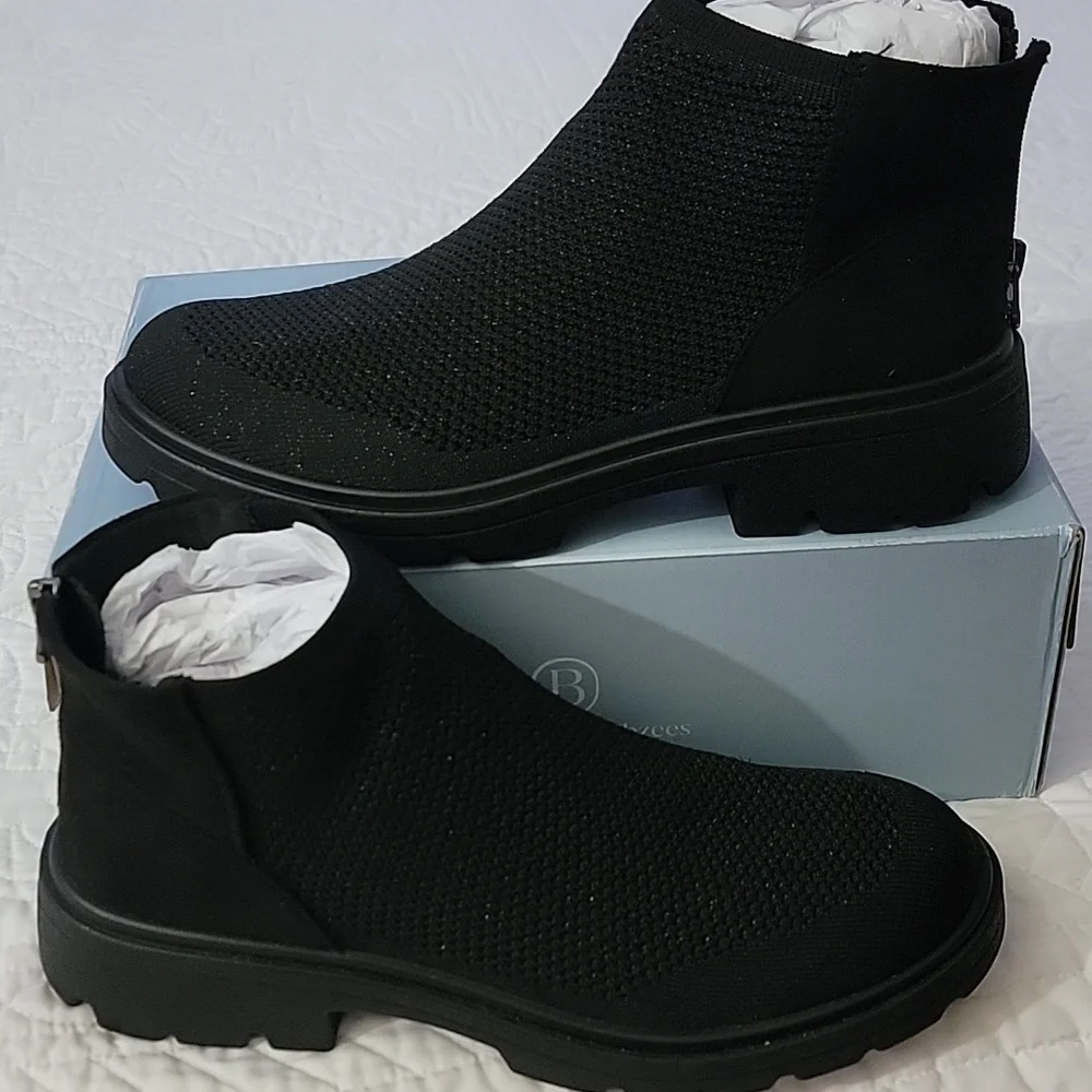 LifeStride Bzees May Black Knit Ankle Boots Shimmery 10 Wide NIB