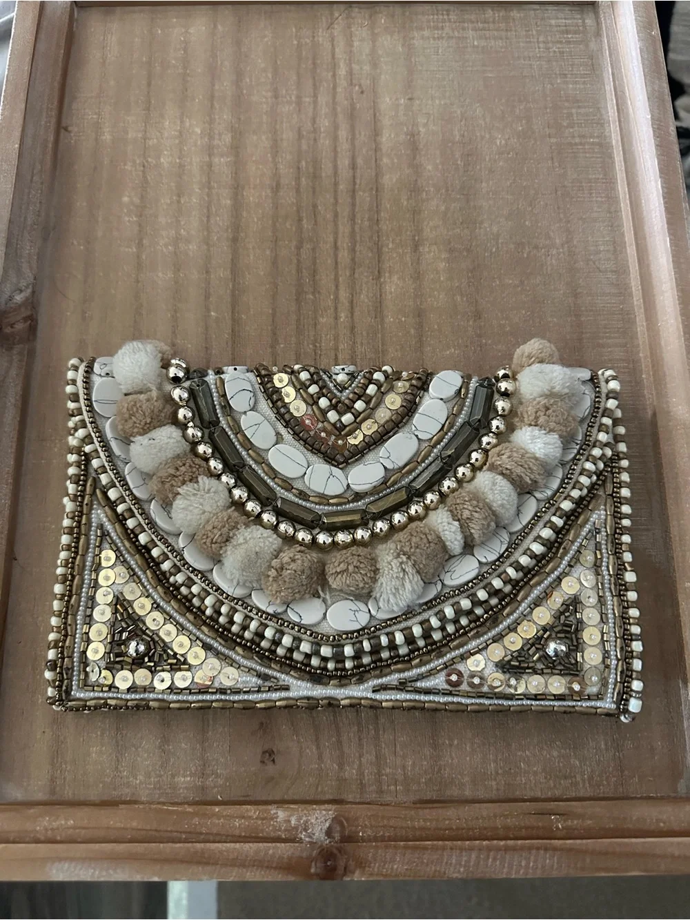 Shiraleah Beaded Pom-Pom Embellished Clutch in Beige and Gold