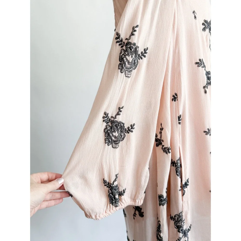 Free People Tunic Dress Embroidered Boho Open Back‎ S Pink Floral High Low Rayon