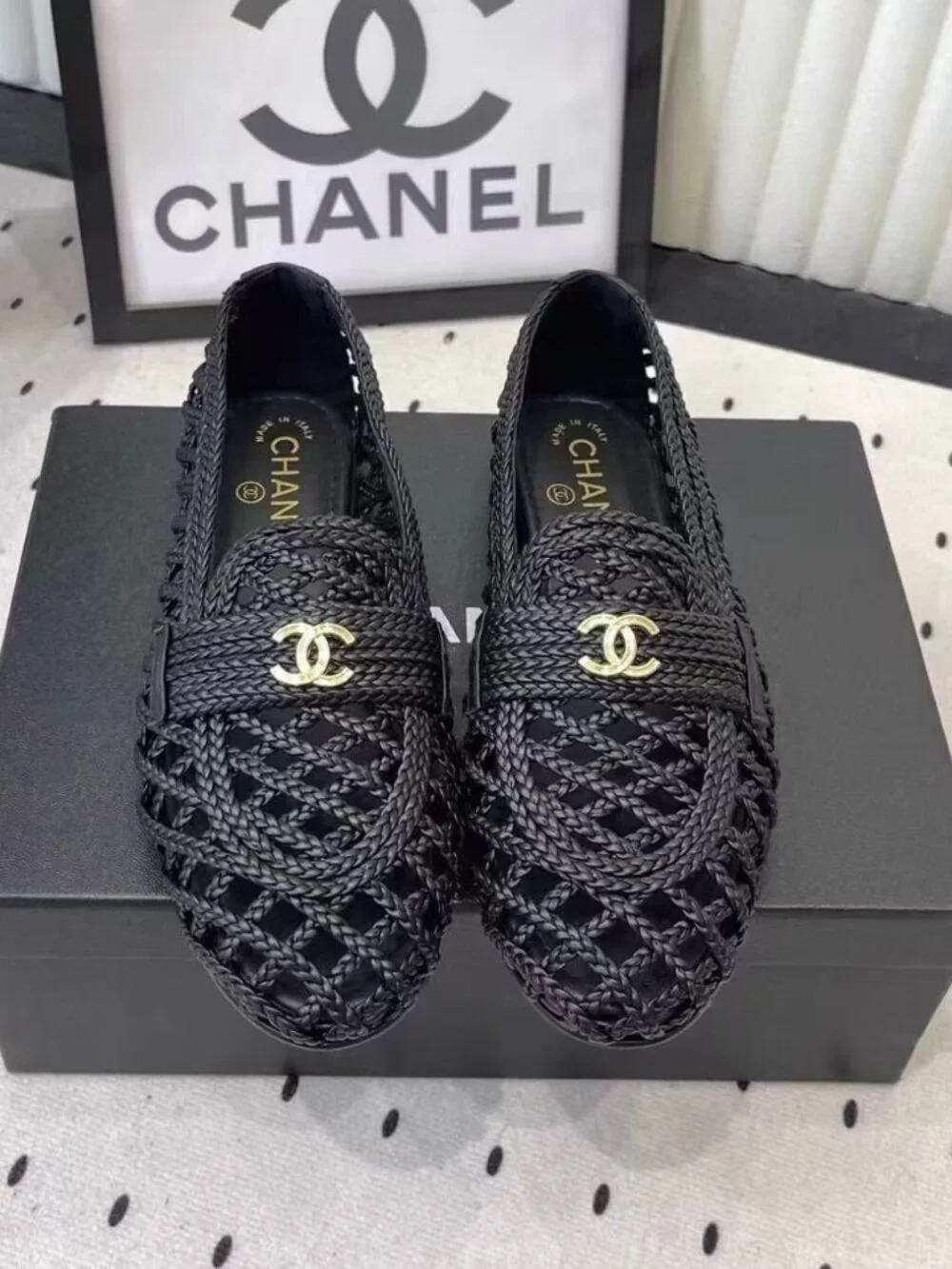 Chanel Black Woven Mesh CC Logo Flat Loafers