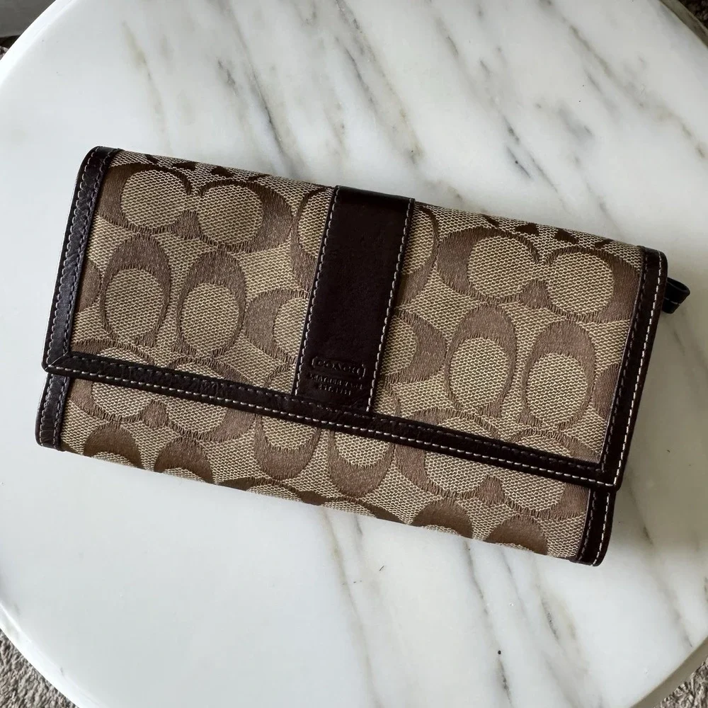 Authentic Vintage Coach Long Bifold Wallet ~ Brown Signature Canvas Pre Owned