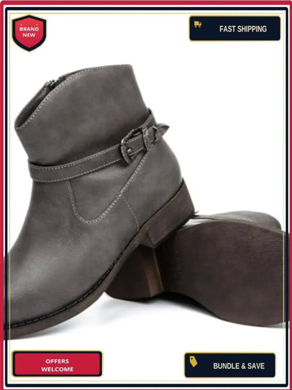 Women's Western Ankle Boots Low Chunky Heel Faux Leather Zipper Side
