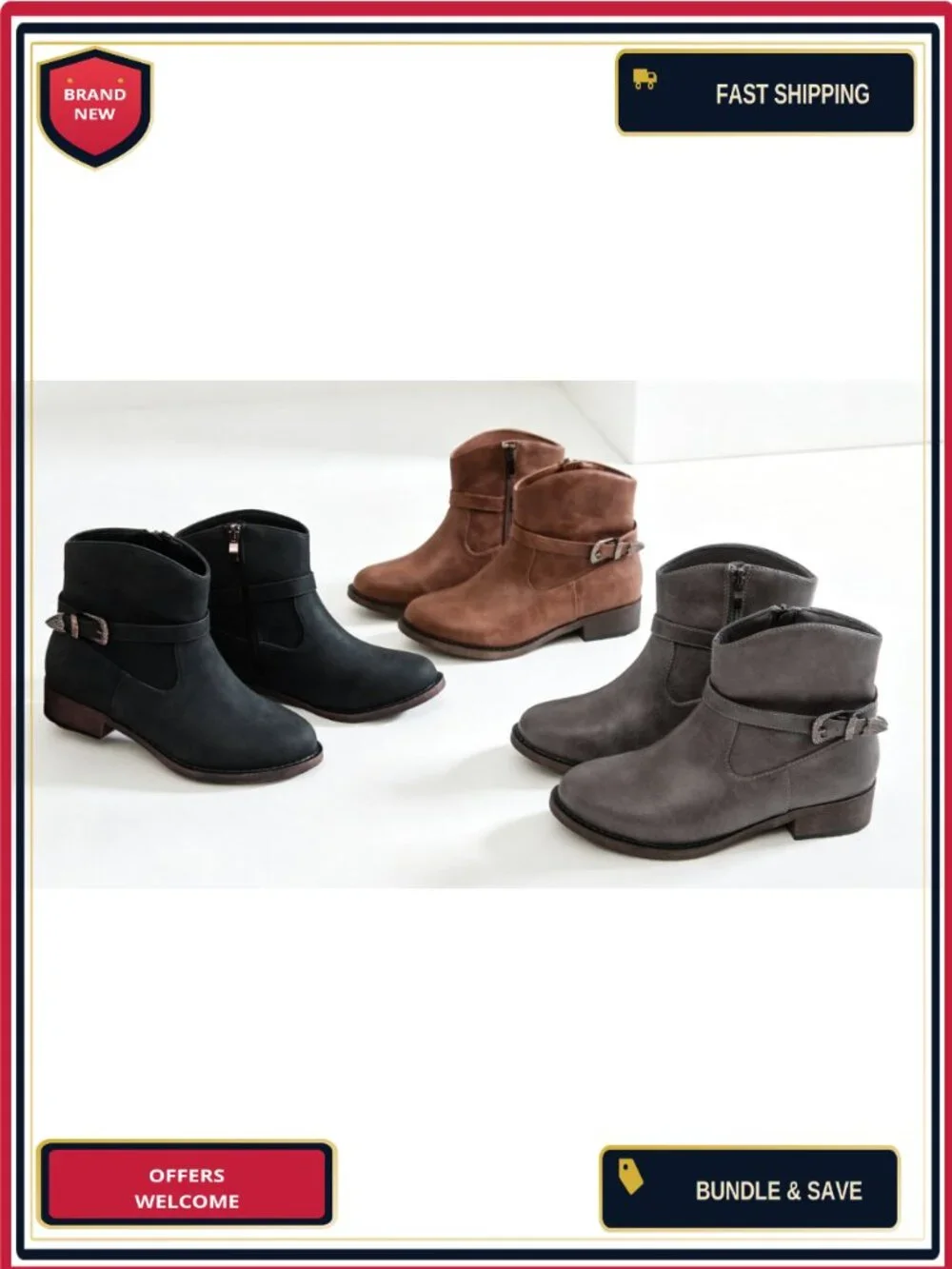 Women's Western Ankle Boots Low Chunky Heel Faux Leather Zipper Side