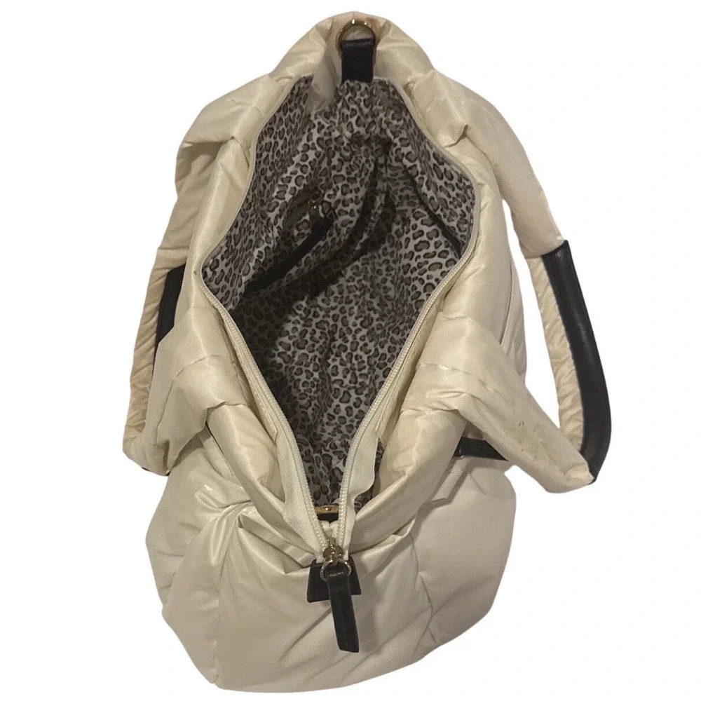 Sondra Roberts Squared Cream Puffer Tote Bag Leopard Lining Travel Sporty Chic