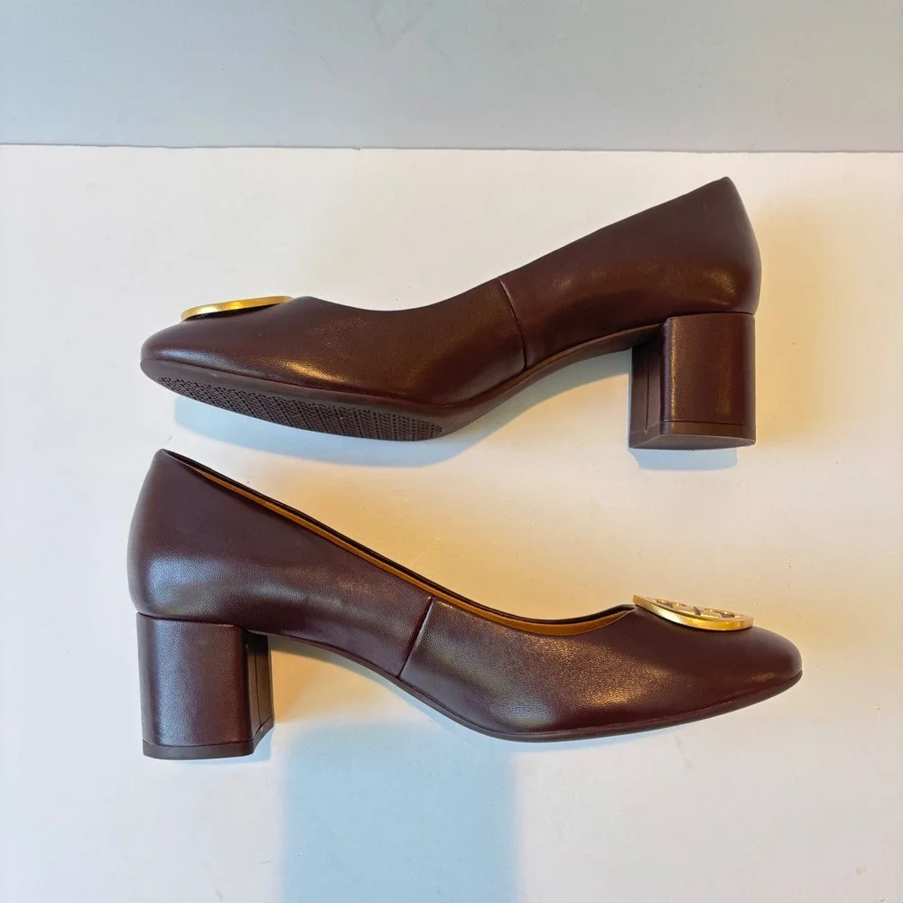 Tory Burch Benton Leather Pumps Shoes Burgandy Block Heel Gold Logo Size 8.5