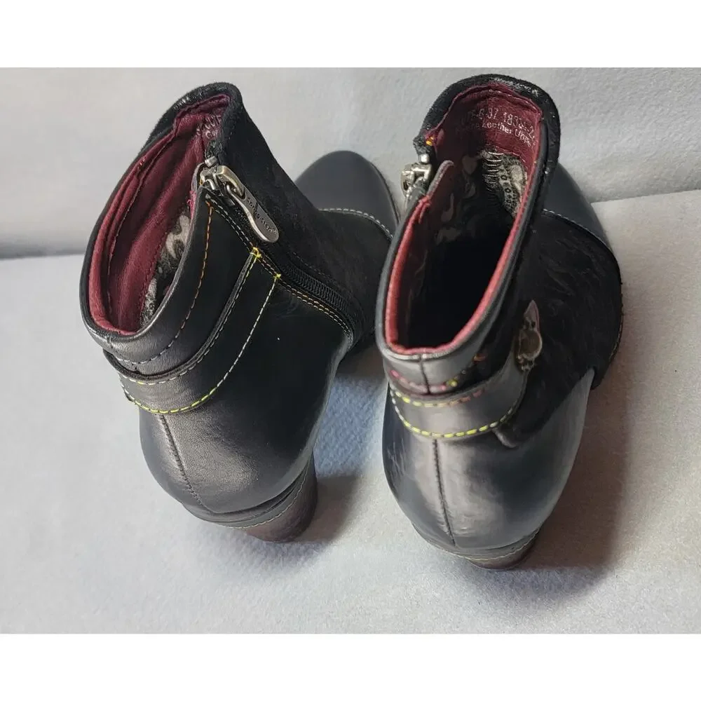 L'Artiste by Spring Step Black Metallic Floral Leather Ankle Boots Sz 37 EU 6.5