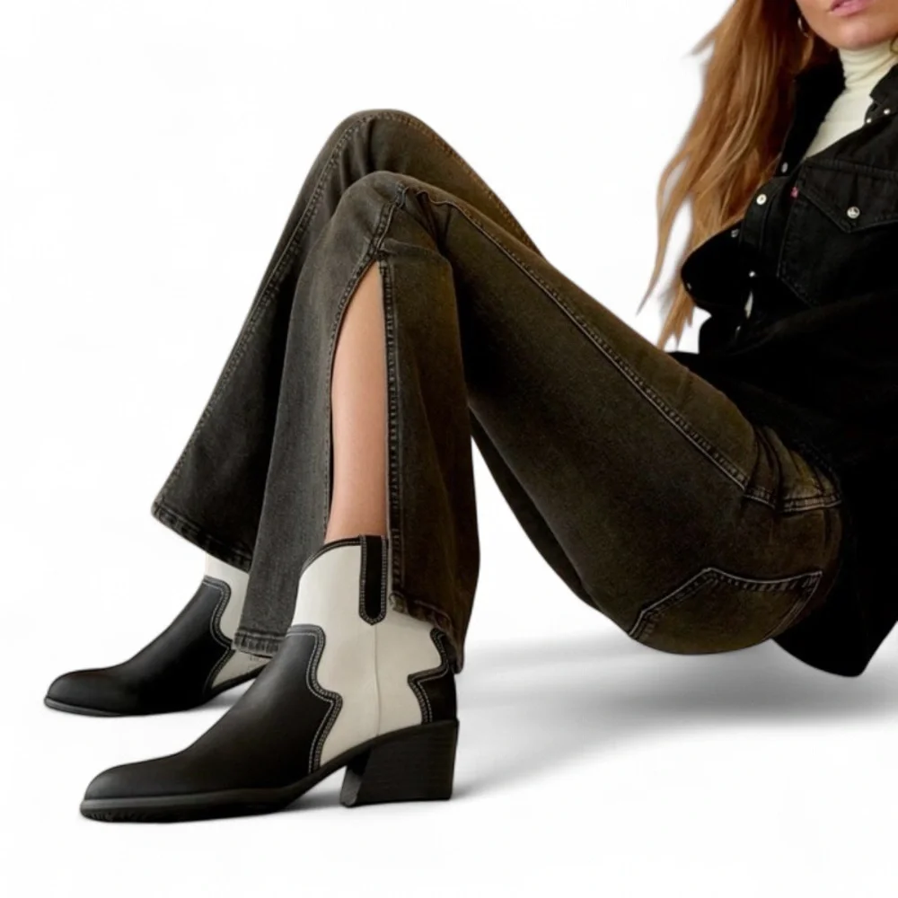 Dr. Scholl's Lasso Western Ankle Bootie Black and Off White Faux Leather Size 7