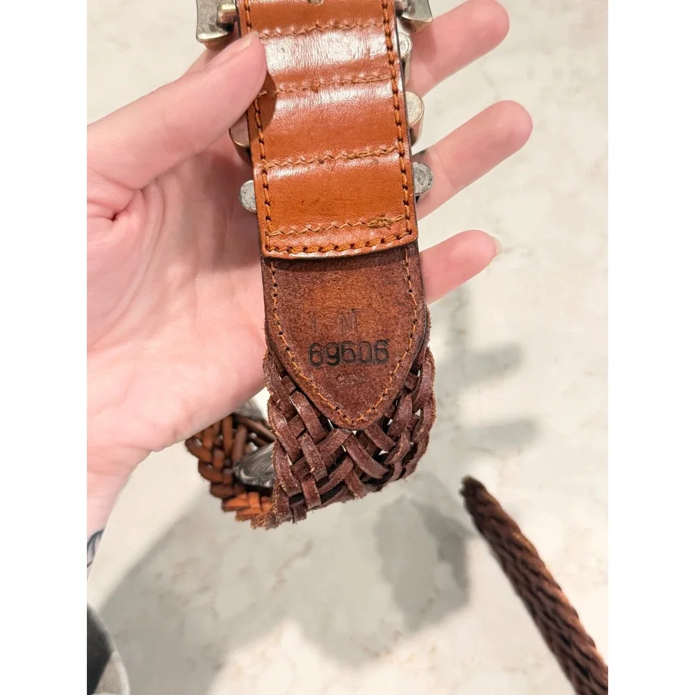 Vintage Braided Leather Concho Belt Brown Western Woven Silver Tone Buckle 69606
