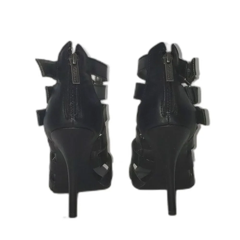 GUESS Black Leather Strappy Cage Buckle High Heel Bootie Shoes Womens Size 7