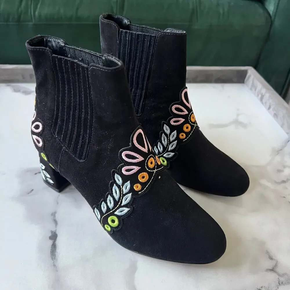 Sophia Webster Liliana Black Suede Embroidered Booties Size 38.5