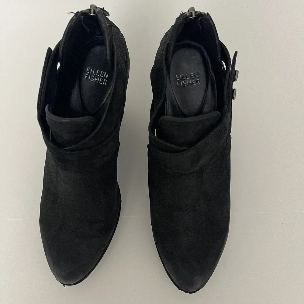 Eileen Fisher Nubuck Black Suede Leather‎ Women's Ankle Boots Booties Sz 8.5