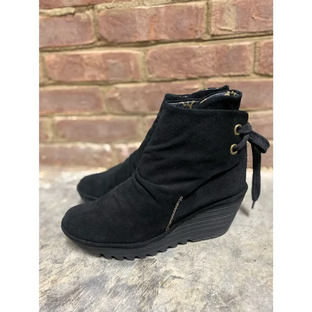 Fly London Black Leather - Suede Yama Wedge Ankle Bootie