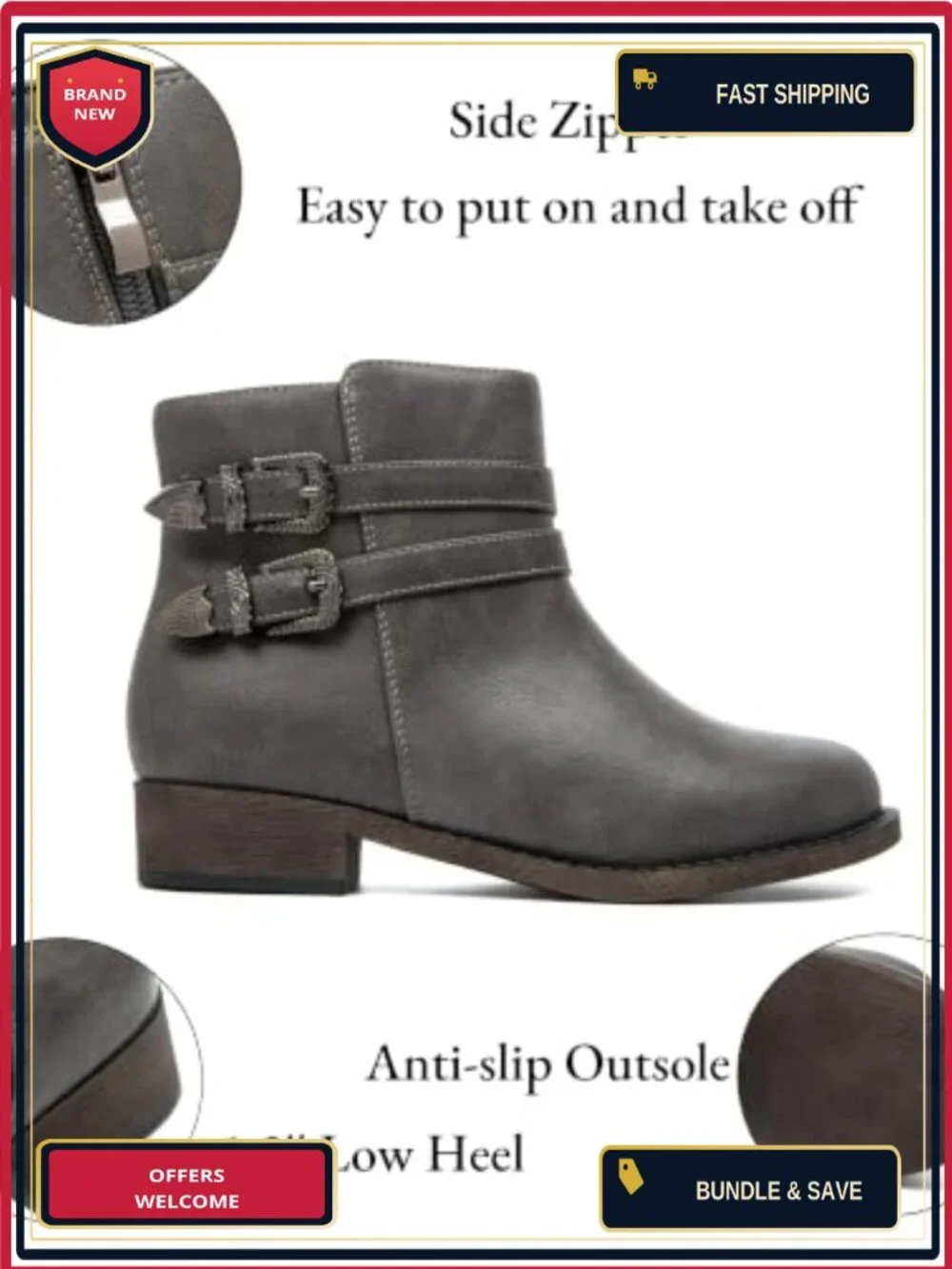 Veittes Women's Low Heel Ankle Boots Side Zipper Ankle Booties Faux Leather
