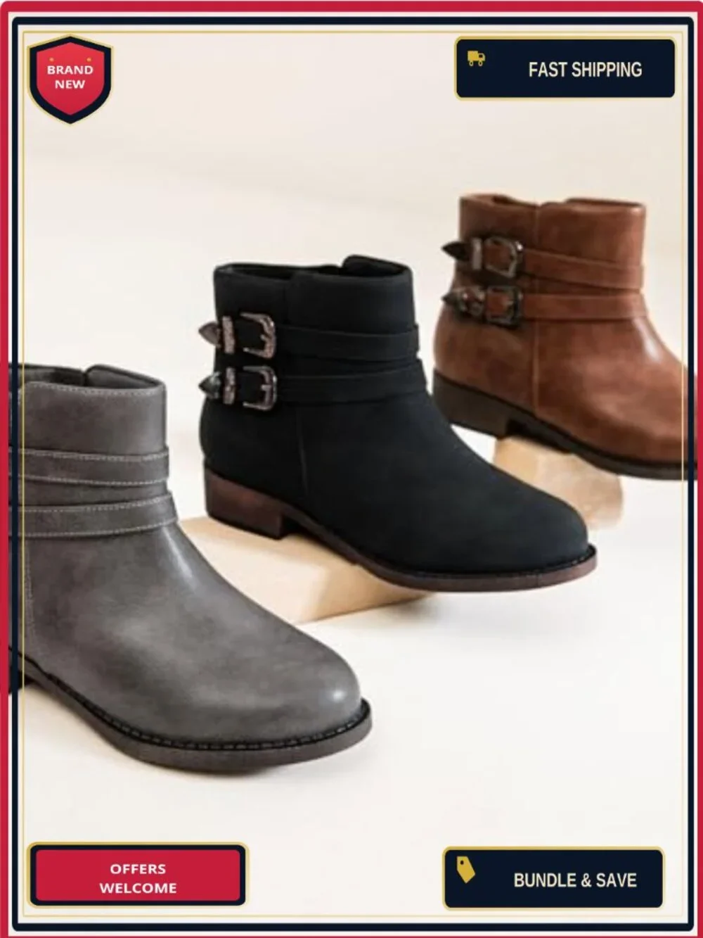 Veittes Women's Low Heel Ankle Boots Side Zipper Ankle Booties Faux Leather