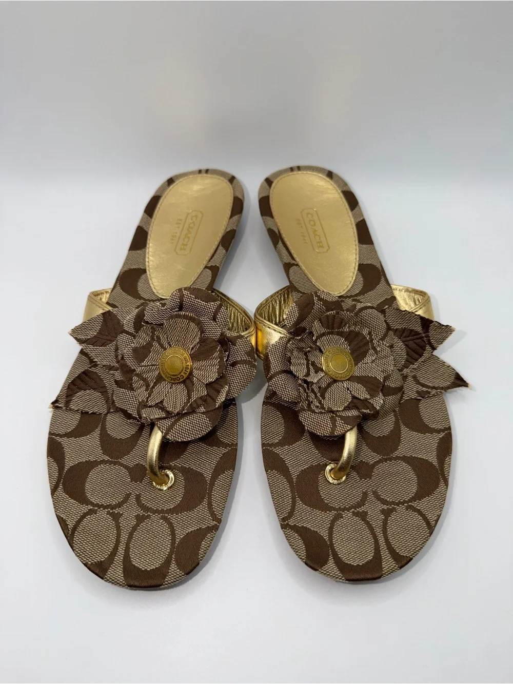 Coach Brown Signature Floral Thong Sandals with Gold Accents