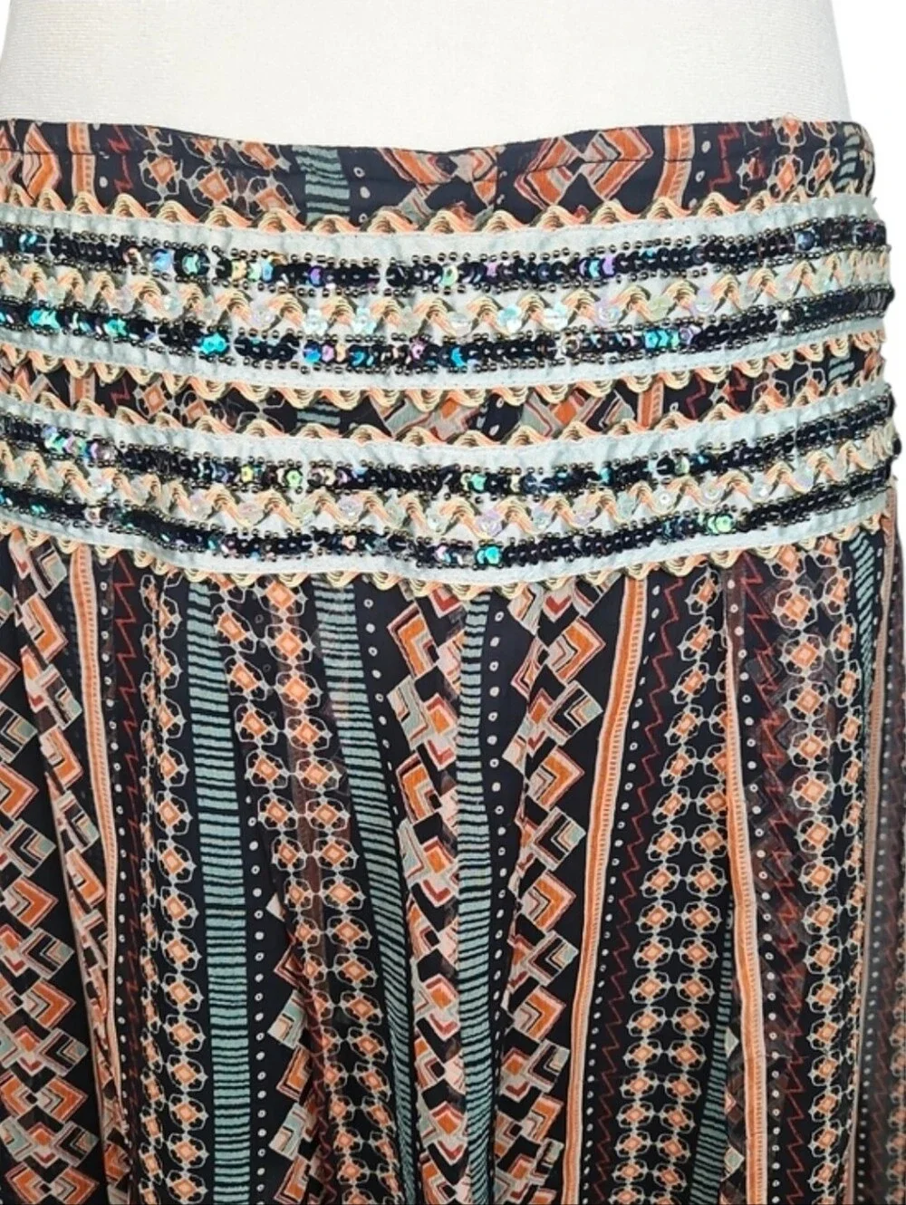 Free People Silk Skirt Sequin Bohemian Multicolor Boho Southwestern Festival 8