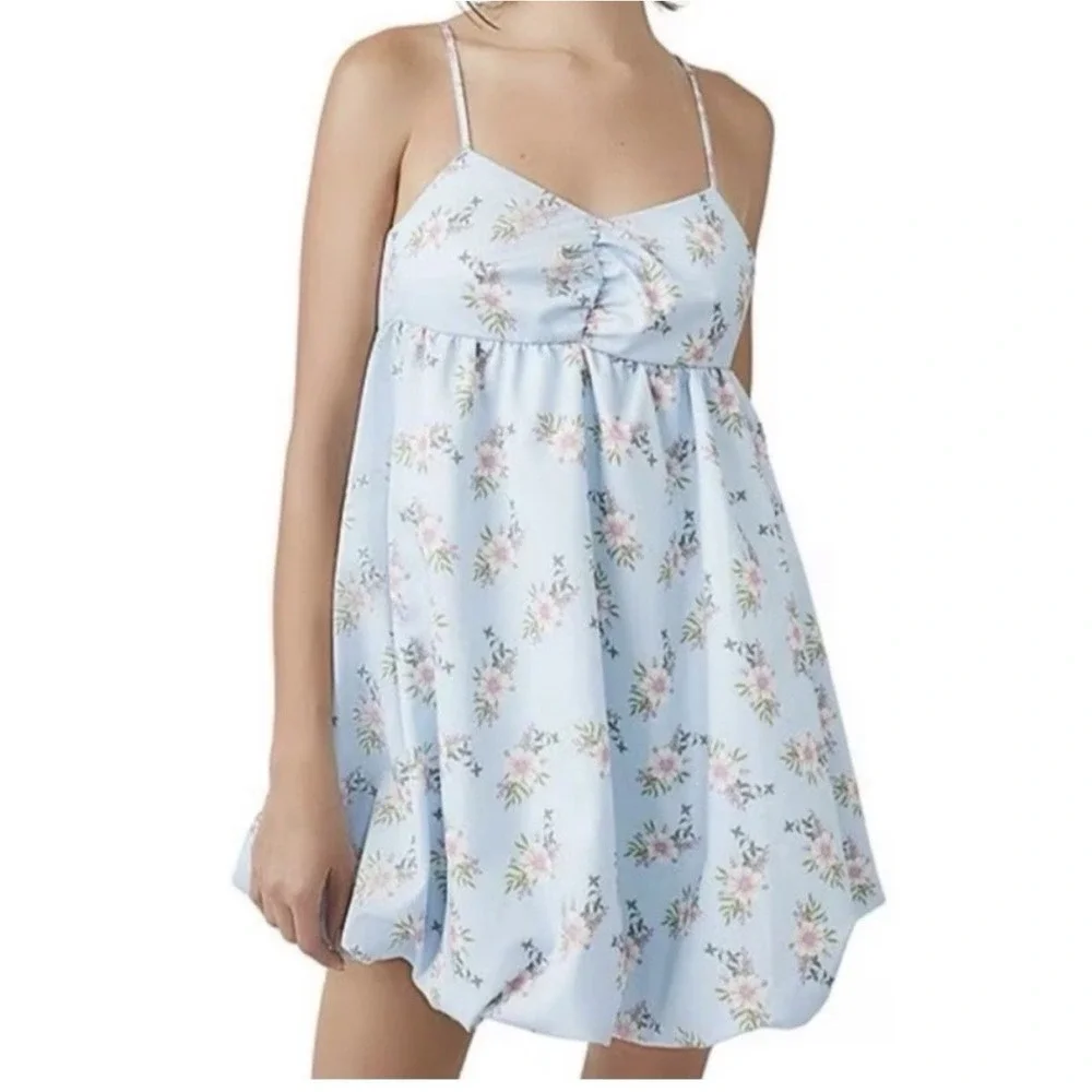 Free‎ People In A Bubble Mini Dress Women's Size Medium Blue Floral Adjustable