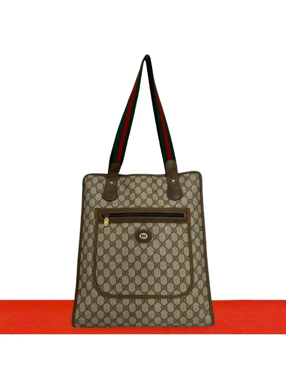Gucci Vintage Sherry Line GG Logo Pattern Leather Tote Brown Red Green