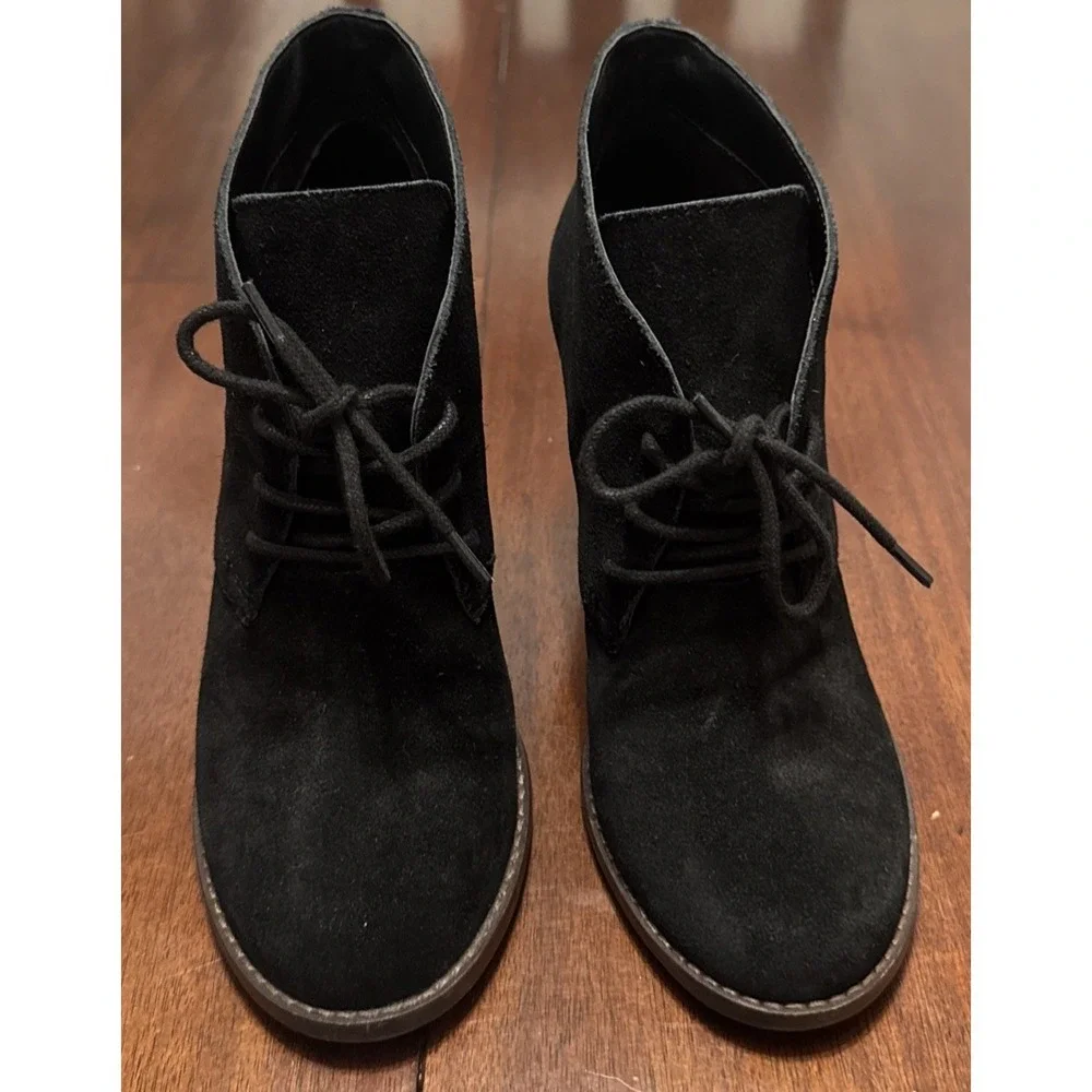 Lucky Brand LZ Yamens Booties Women 7.5 Black Suede Wedge Lace‎ Up Ankle Boots